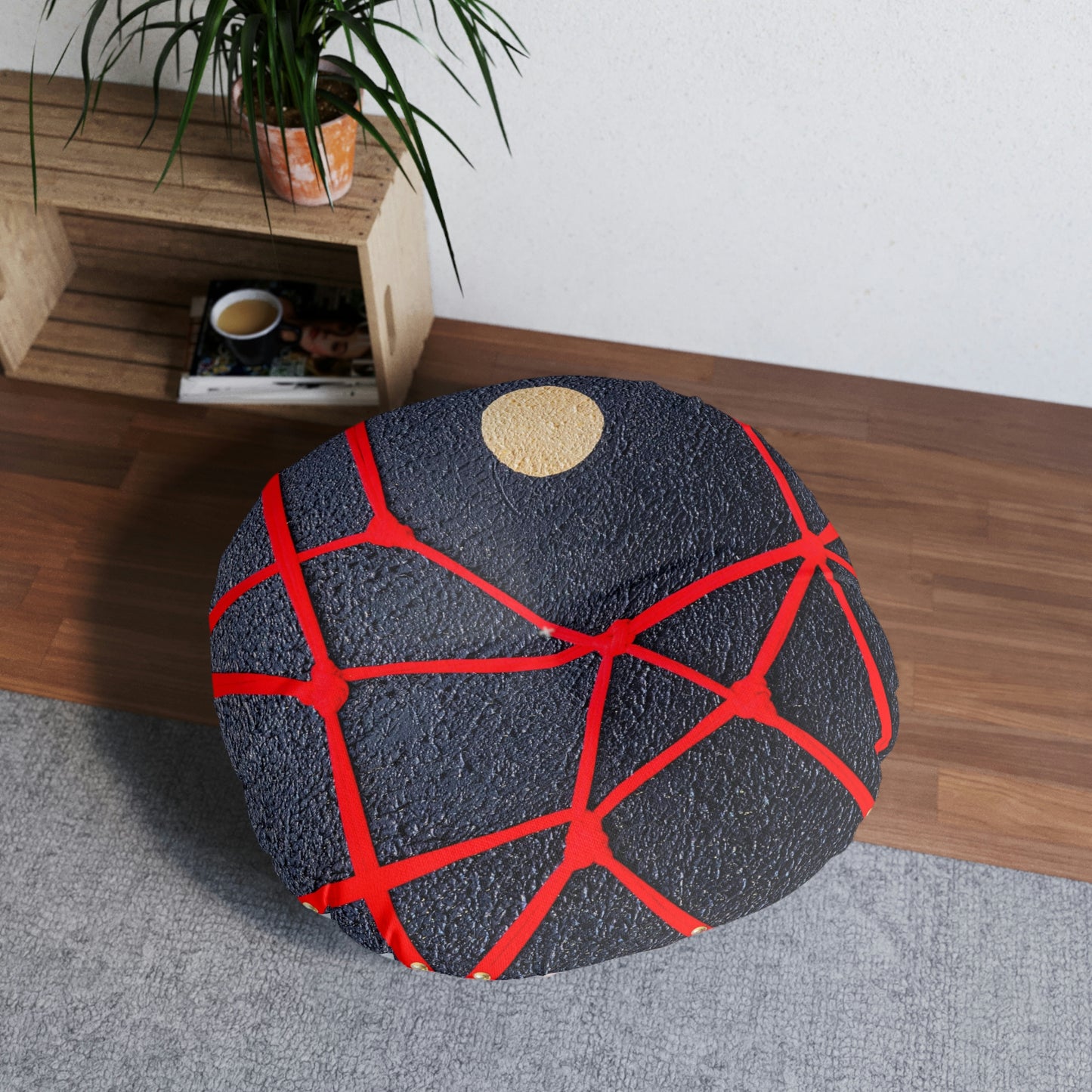 Tufted Floor Pillow, Round - Rope Art - Bondage Art - Black, Red, Gold