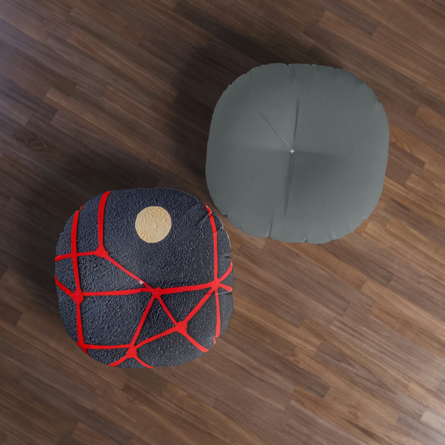 Tufted Floor Pillow, Round - Rope Art - Bondage Art - Black, Red, Gold